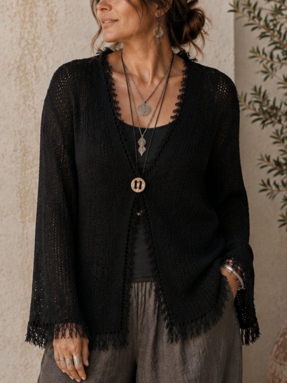 Chico's Black Linen Blend Open Knit Fringe Cardigan 3 XL Lagenlook Boho Artisan